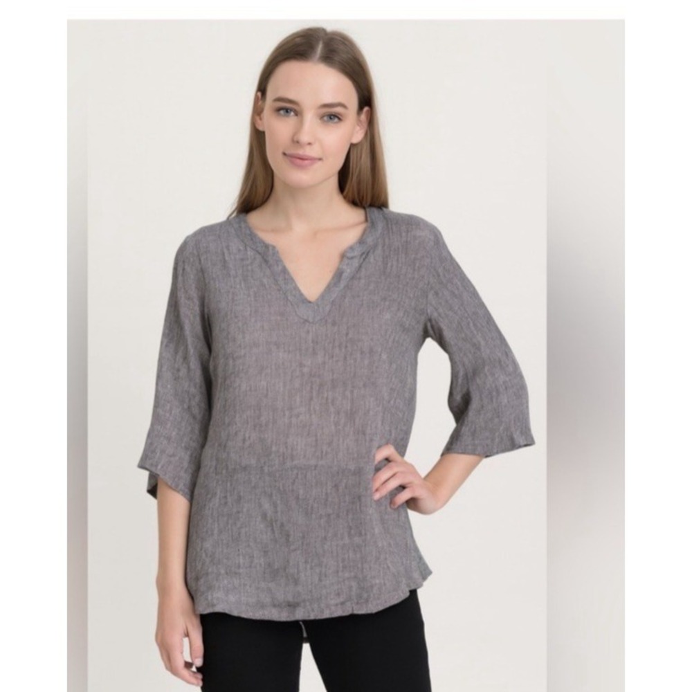 J.Jill Pure Jill Linen Top Tunic V Neck 3/4/Sleeve Marled Brown XL Weave Coastal